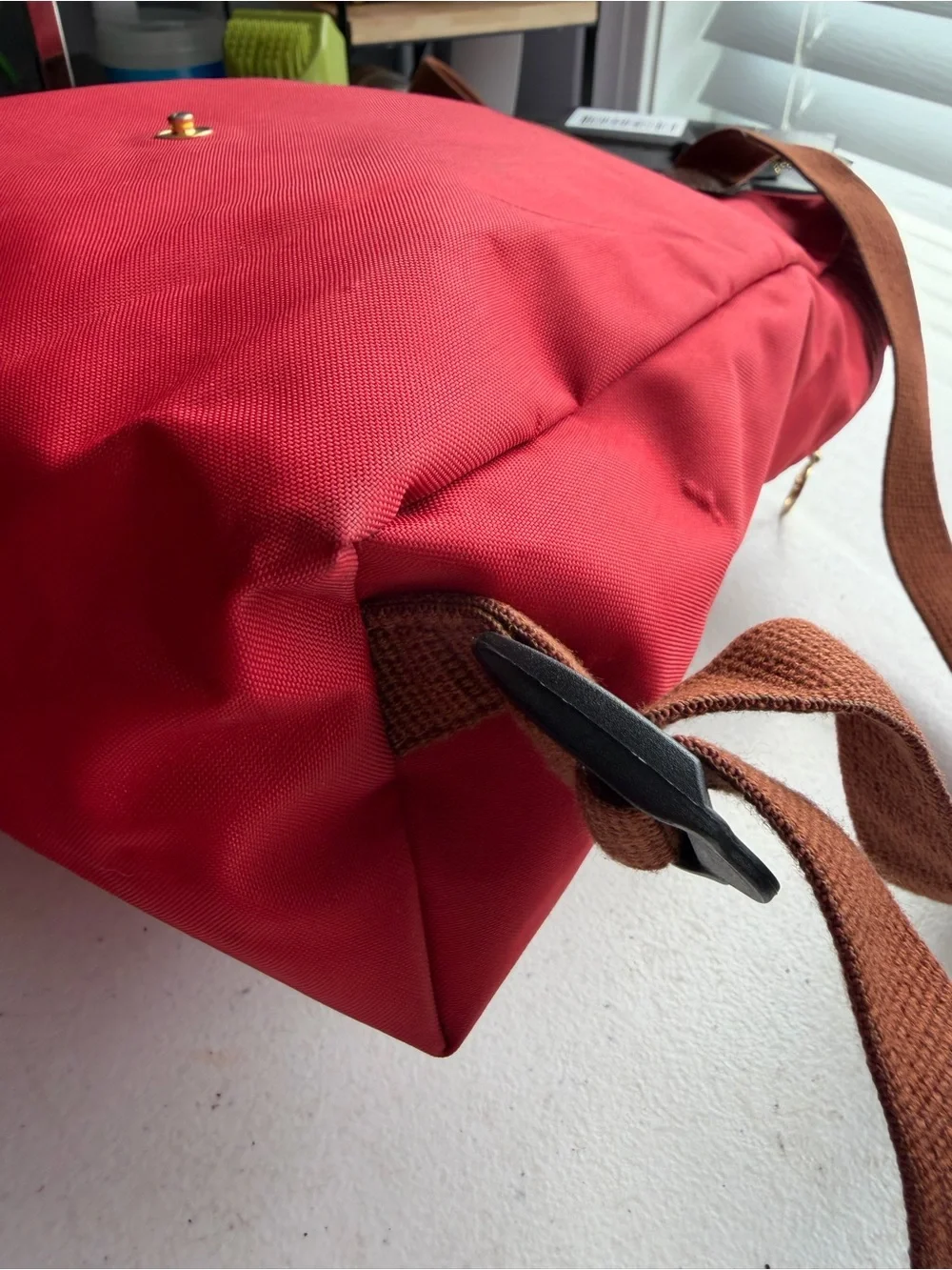 Longchamp Le Pliage Red Backpack with Brown Trim